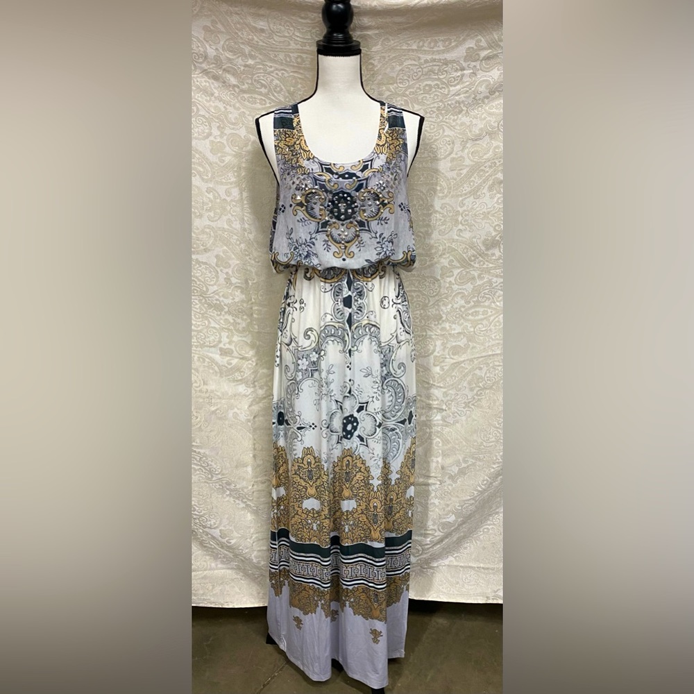 Full length Boho lightweight dress with Metal detailing on the chest!